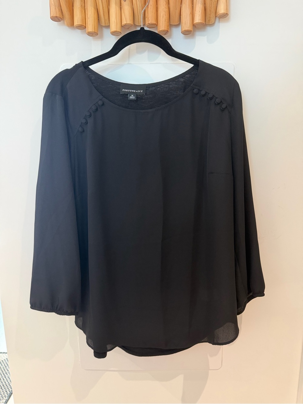 Fortune + Ivy Black Long-Sleeve Button-Accent Blouse